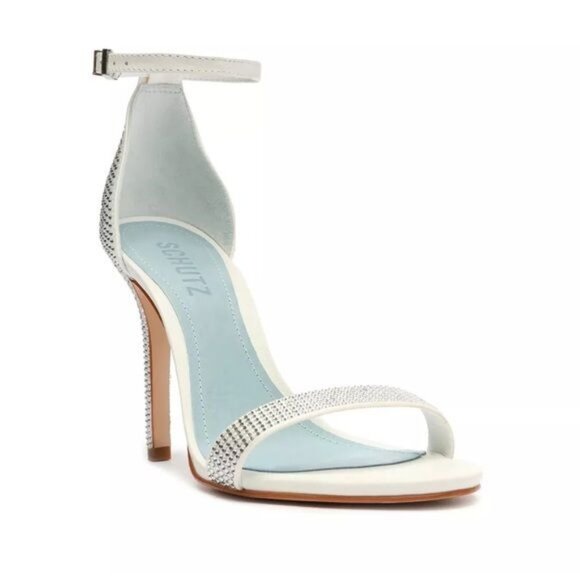 SCHUTZ Cadey Lee Embellished Ankle Strap Stiletto Heel Sandal in White Size 9.5